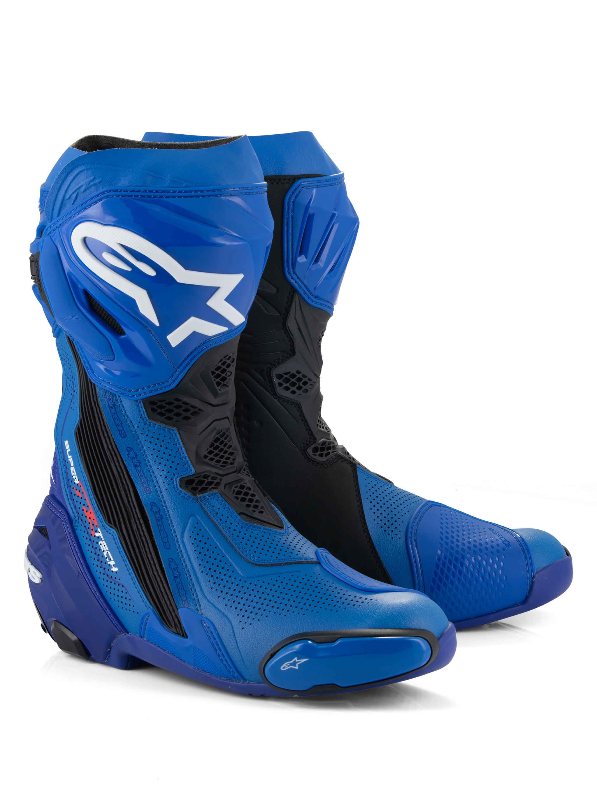 Alpinestars Supertech R Vented Boots, Motorcycle Racing Boots, Blue and Black, featuring perforated microfiber for airflow, white Alpinestars logo on the shin, protective TPU plates and sliders, professional track-ready design