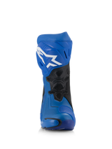 Alpinestars Supertech R Vented Boots, Blue and Black racing motorcycle boots, front view, perforated microfiber upper, white Astar logo on the shin plate, ventilated mesh panels and protective sliders.