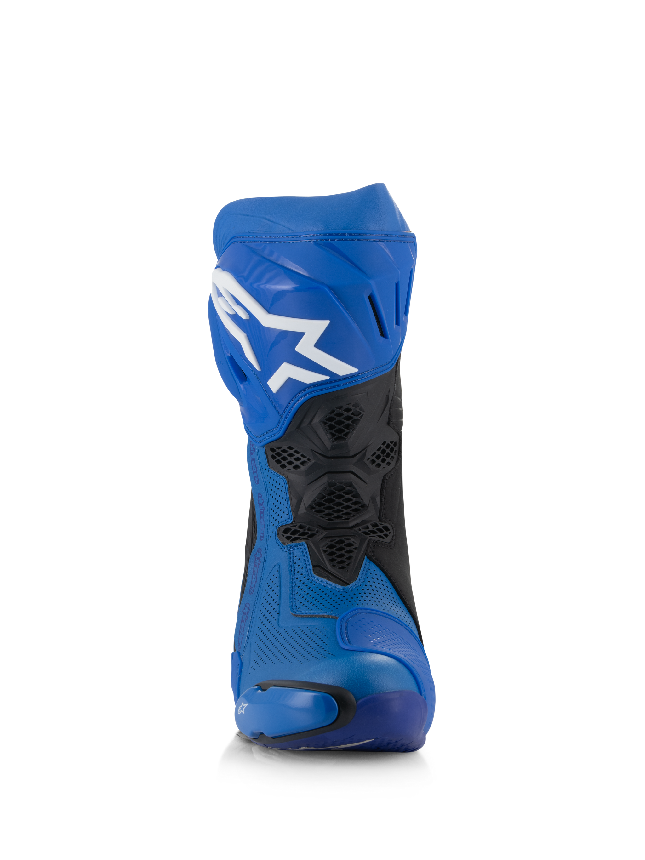 Alpinestars Supertech R Vented Boots, Blue and Black racing motorcycle boots, front view, perforated microfiber upper, white Astar logo on the shin plate, ventilated mesh panels and protective sliders.