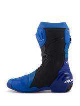 Alpinestars Supertech R Vented Boots, Blue and Black, side profile view, high-performance racing motorcycle boots with perforated microfiber for ventilation, TPU shin plate, and Alpinestars branding on the heel.