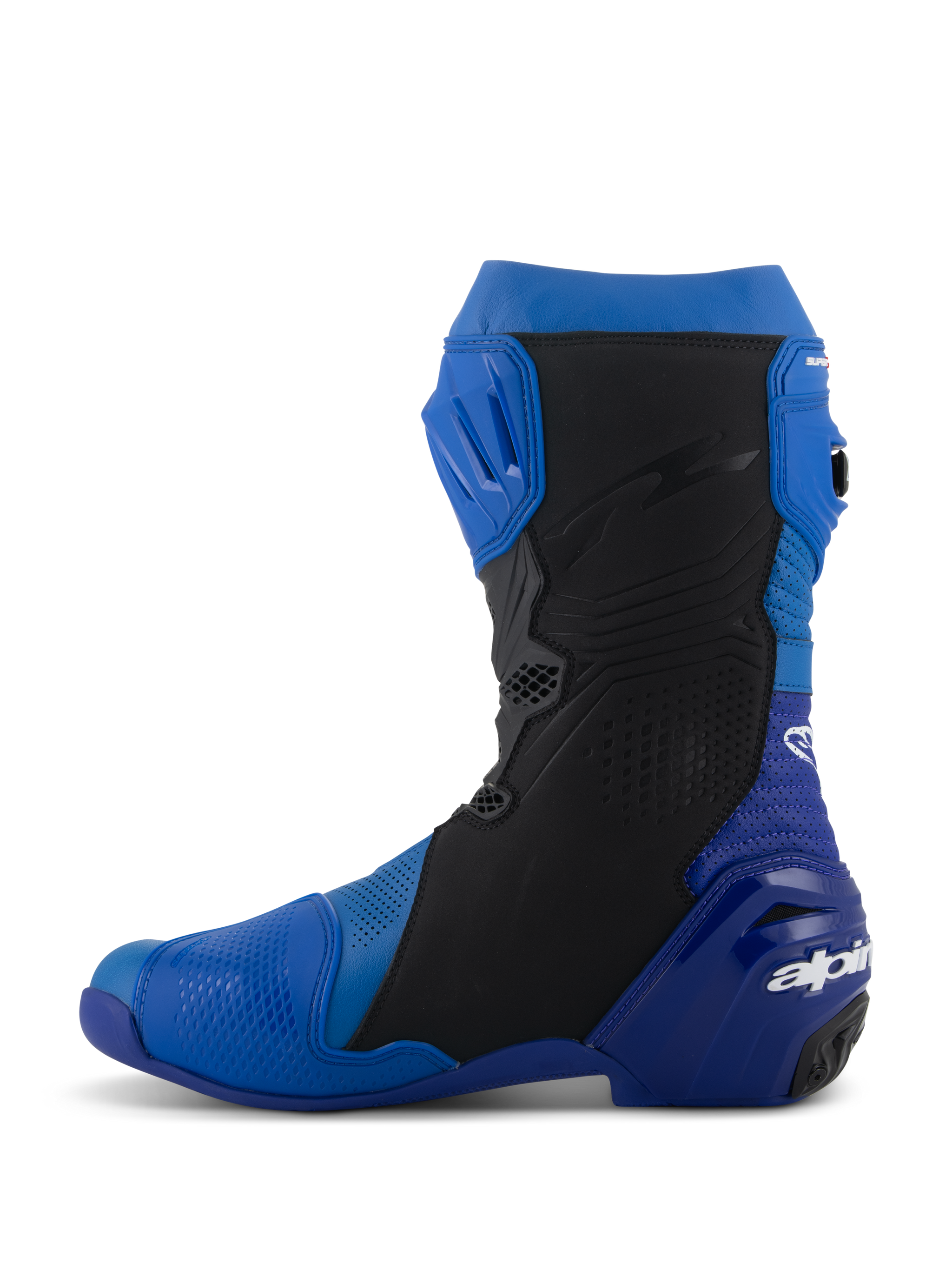Alpinestars Supertech R Vented Boots, Blue and Black, side profile view, high-performance racing motorcycle boots with perforated microfiber for ventilation, TPU shin plate, and Alpinestars branding on the heel.