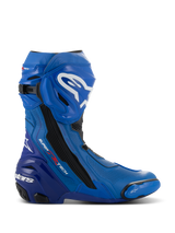Alpinestars Supertech R Vented Boots, Blue and Black Motorcycle Racing Boots, side profile view featuring white logos, extensive perforated ventilation zones, reinforced heel, and replaceable toe slider.