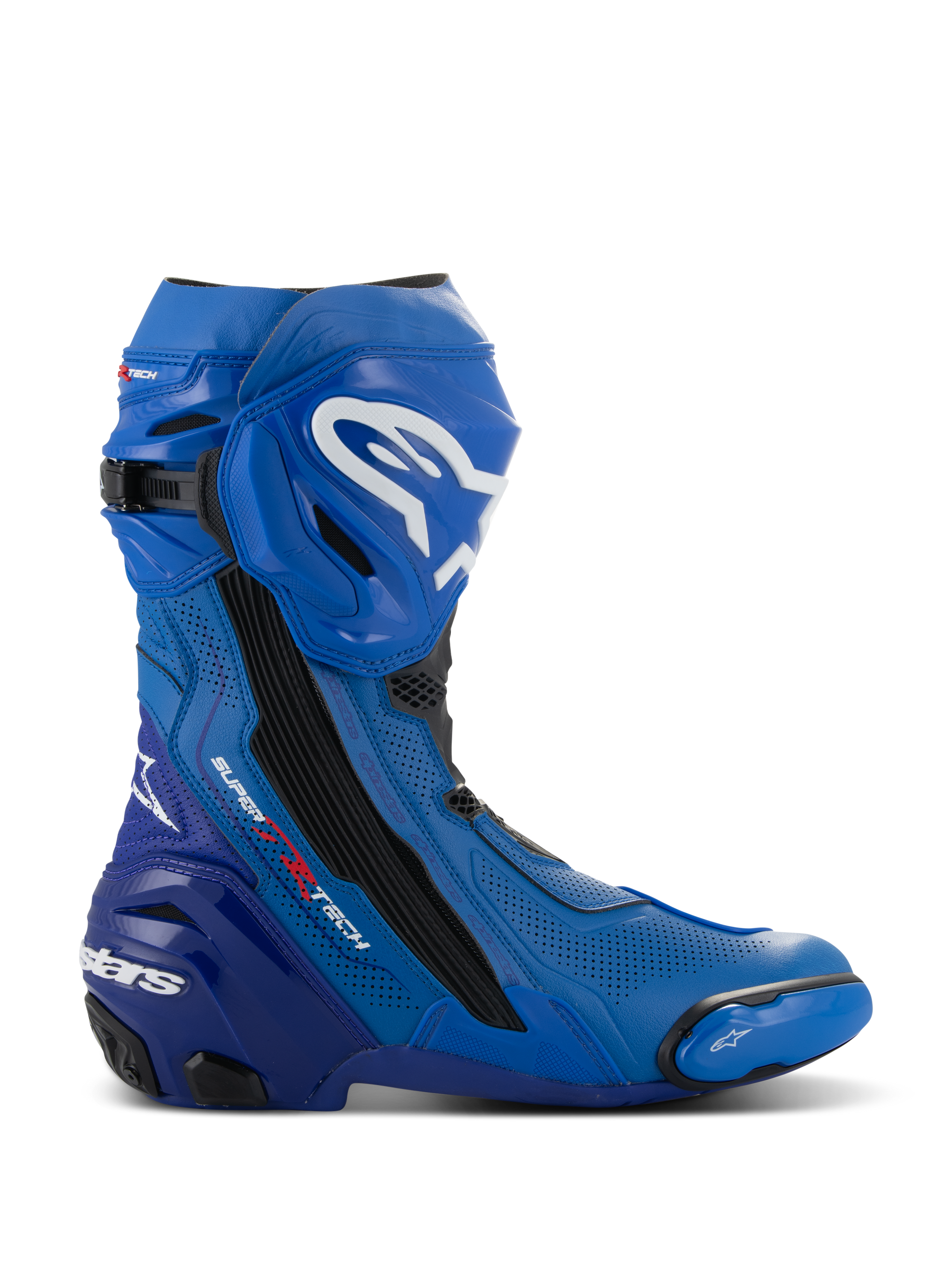 Alpinestars Supertech R Vented Boots, Blue and Black Motorcycle Racing Boots, side profile view featuring white logos, extensive perforated ventilation zones, reinforced heel, and replaceable toe slider.