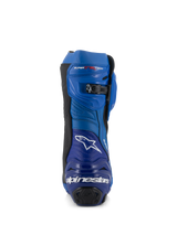 Alpinestars Supertech R Vented Boots, Racing Motorcycle Boots, Blue and Black, rear view featuring the Alpinestars logo and text on the heel, perforated microfiber panels, and a micro-adjustable ratchet closure at the top.