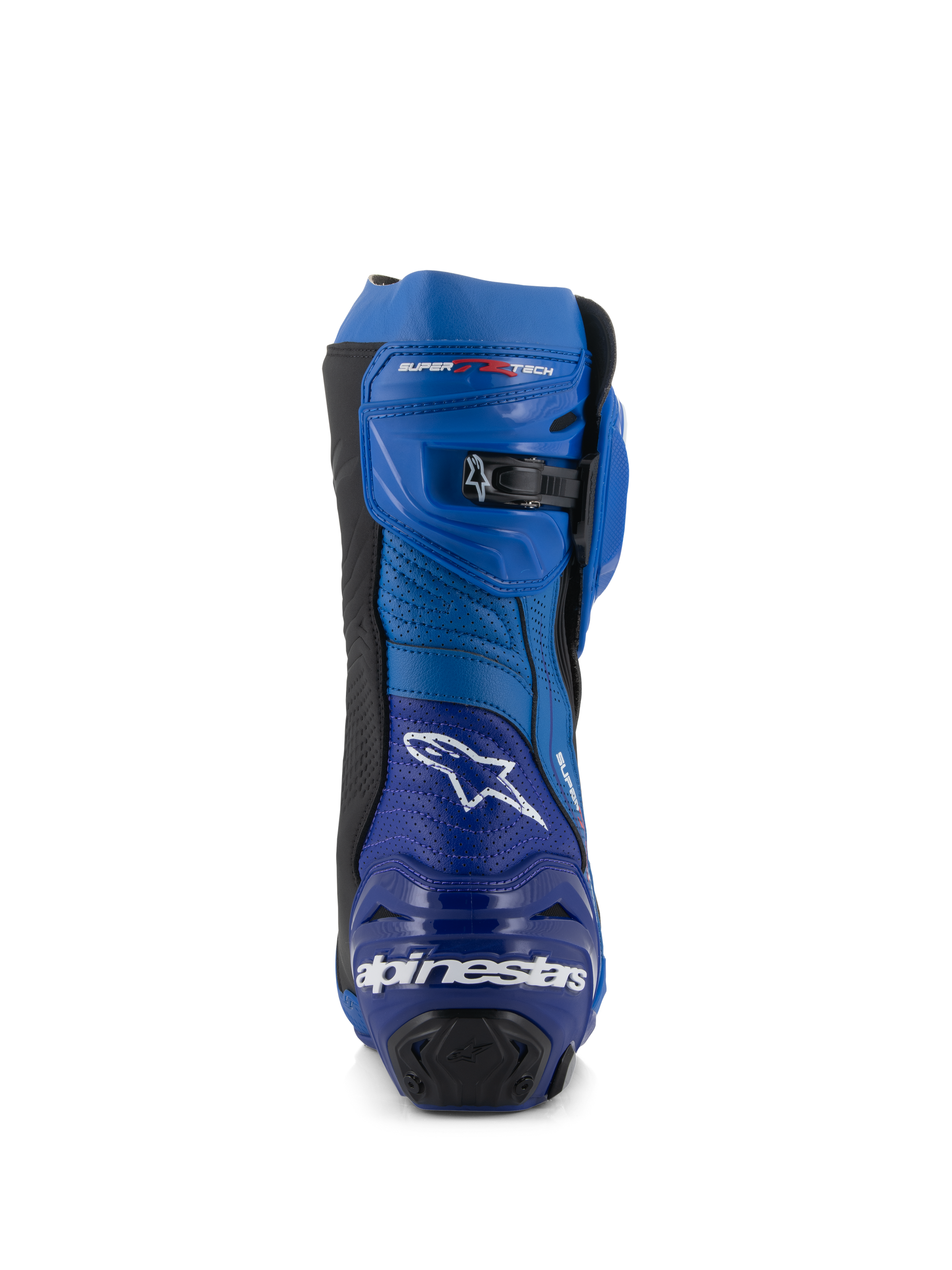 Alpinestars Supertech R Vented Boots, Racing Motorcycle Boots, Blue and Black, rear view featuring the Alpinestars logo and text on the heel, perforated microfiber panels, and a micro-adjustable ratchet closure at the top.