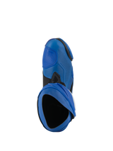 Alpinestars Supertech R Vented Boots, Racing Motorcycle Boots, Blue and Black, top-down view showing the entry and perforated microfiber upper, high-performance motorsport footwear with ventilated design