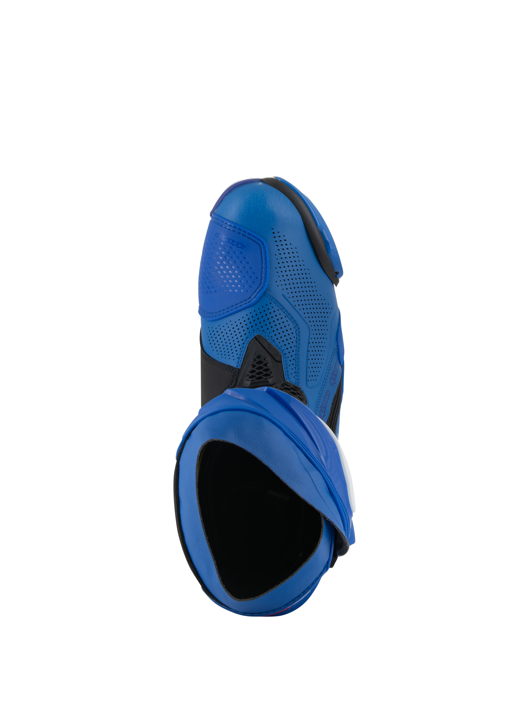 Alpinestars Supertech R Vented Boots, Racing Motorcycle Boots, Blue and Black, top-down view showing the entry and perforated microfiber upper, high-performance motorsport footwear with ventilated design