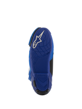 Alpinestars Supertech R Vented Boots, Blue and Black, Bottom view of the blue rubber sole with a white Astars logo, featuring textured grip patterns for footpeg control, high-performance motorcycle racing footwear.
