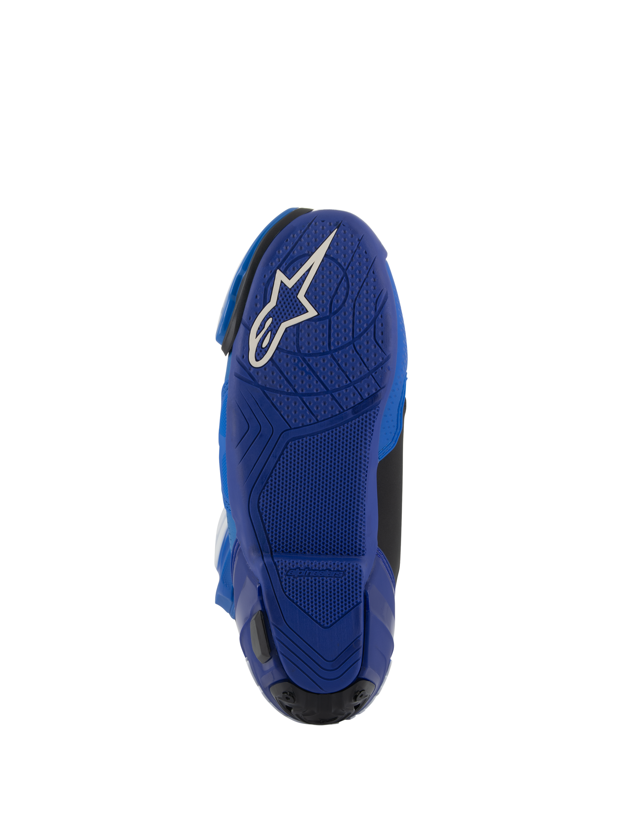 Alpinestars Supertech R Vented Boots, Blue and Black, Bottom view of the blue rubber sole with a white Astars logo, featuring textured grip patterns for footpeg control, high-performance motorcycle racing footwear.