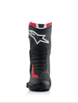 Alpinestars Honda SMX-6 V3 Boots, Performance Motorcycle Boots, Black Bright Red and White, front view featuring large white Alpinestars logo on the shin, textured mesh flex zones, and aerodynamic protective profile