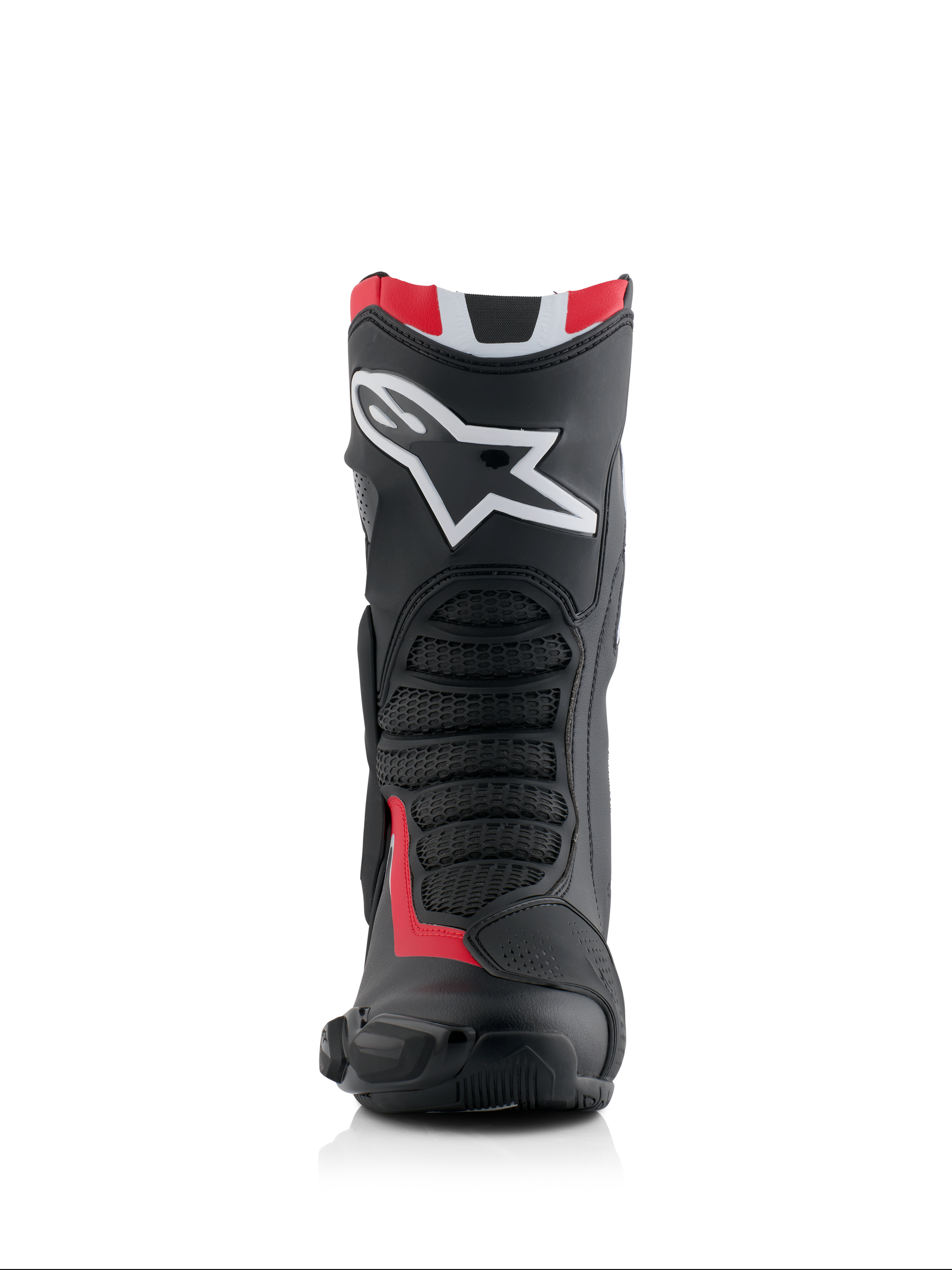 Alpinestars Honda SMX-6 V3 Boots, Performance Motorcycle Boots, Black Bright Red and White, front view featuring large white Alpinestars logo on the shin, textured mesh flex zones, and aerodynamic protective profile