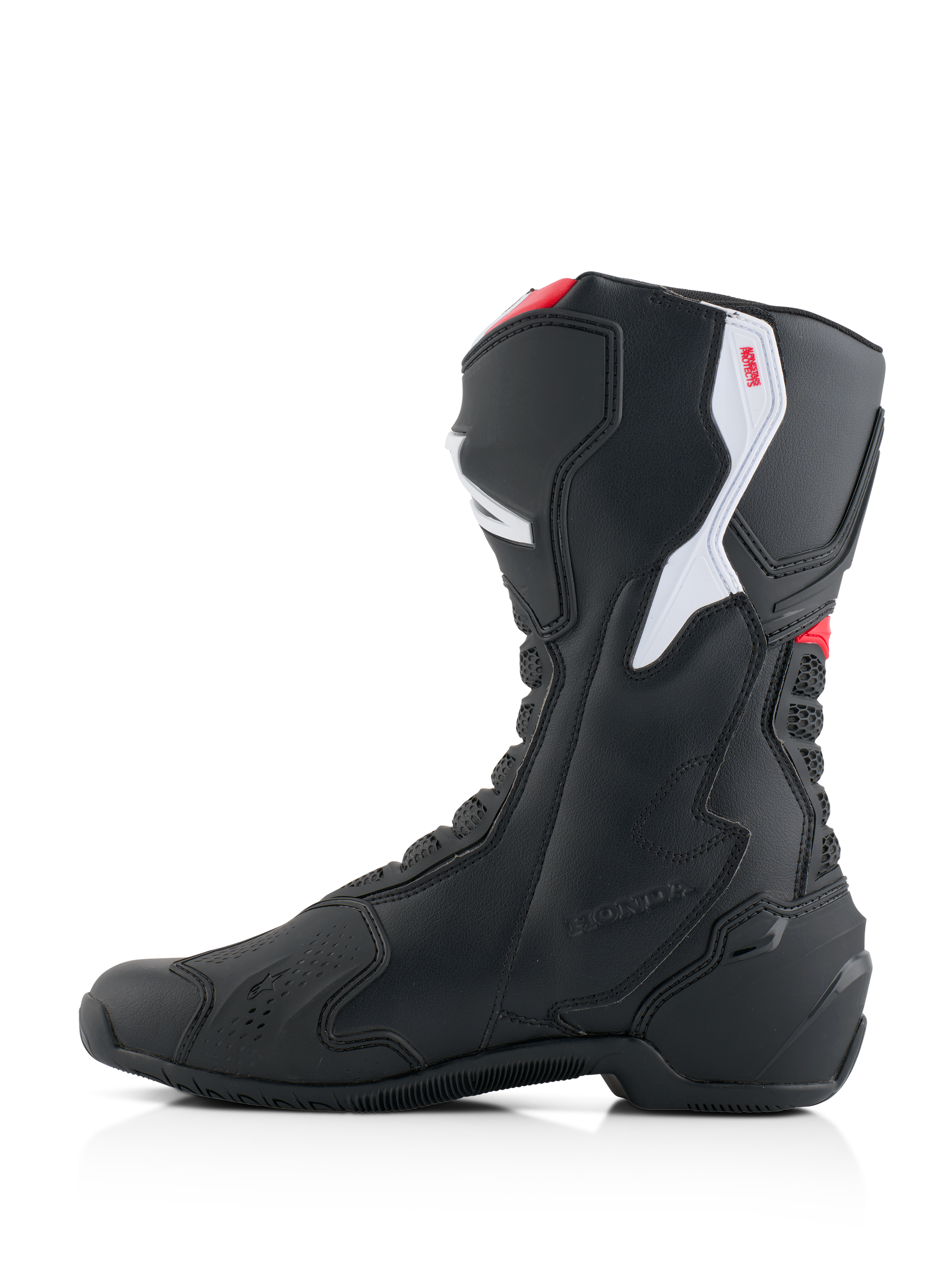 Alpinestars Honda SMX-6 V3 Boots, Performance Motorcycle Boots, Black with Bright Red and White accents, medial side profile, featuring durable microfiber construction, TPU protective panels, and embossed Honda branding.