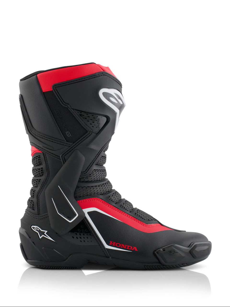 Alpinestars Honda SMX-6 V3 Boots, Performance Riding Boots, Black Bright Red and White, side view featuring microfiber construction with TPU protection, lateral ankle brace, and Honda branding, professional motorcycle racing and road gear