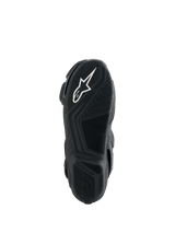 Alpinestars Honda SMX-6 V3 Boots, sole view, black rubber outsole with white Alpinestars logo, textured grip design for precision on motorcycle controls