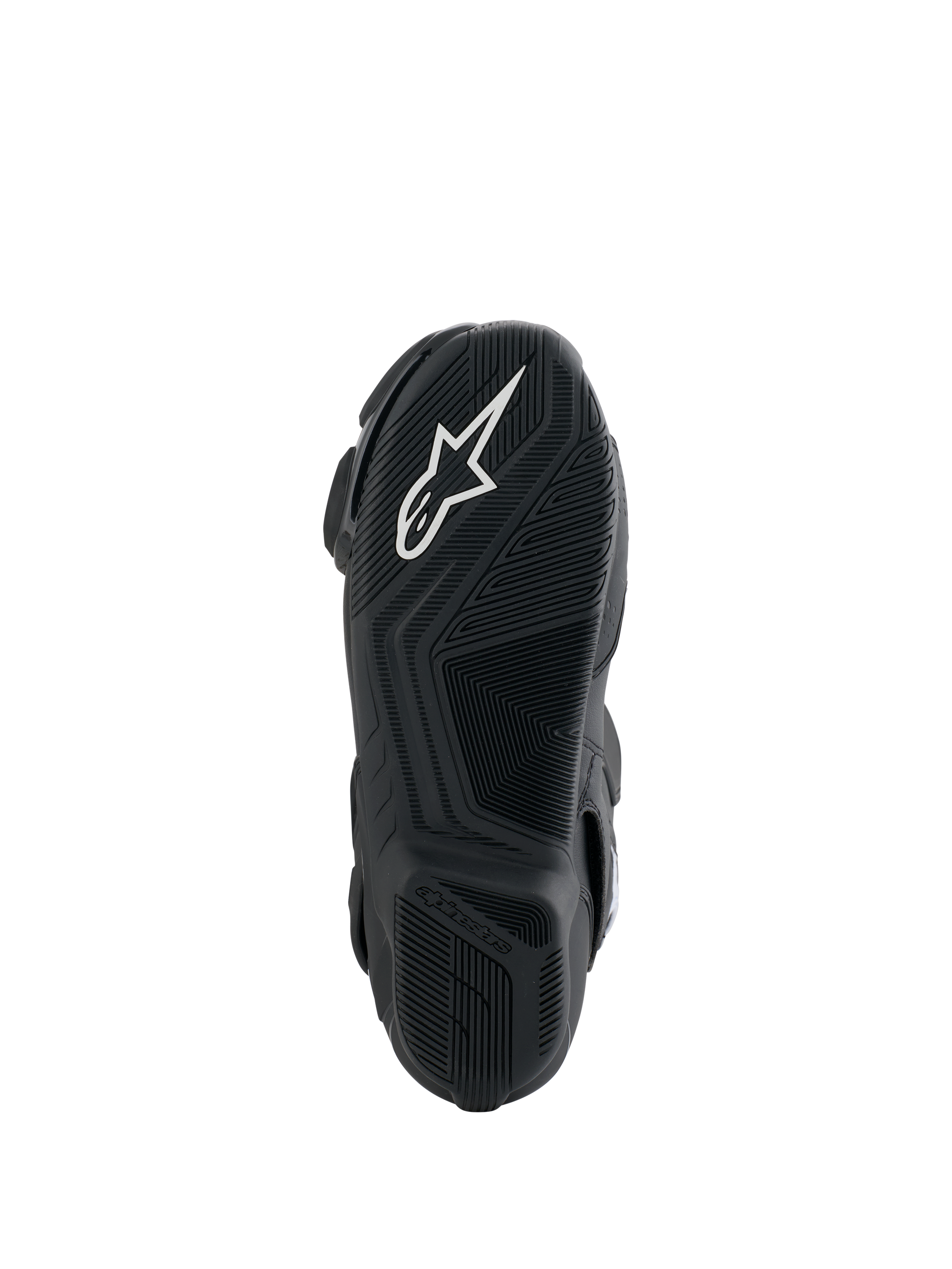 Alpinestars Honda SMX-6 V3 Boots, sole view, black rubber outsole with white Alpinestars logo, textured grip design for precision on motorcycle controls