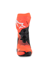Alpinestars Supertech R Vented MM93 Replica Boots, Racing Motorcycle Boots, Red Fluo Dark Blue and Black, front view showing mesh ventilation, white Alpinestars logo, and durable microfiber construction