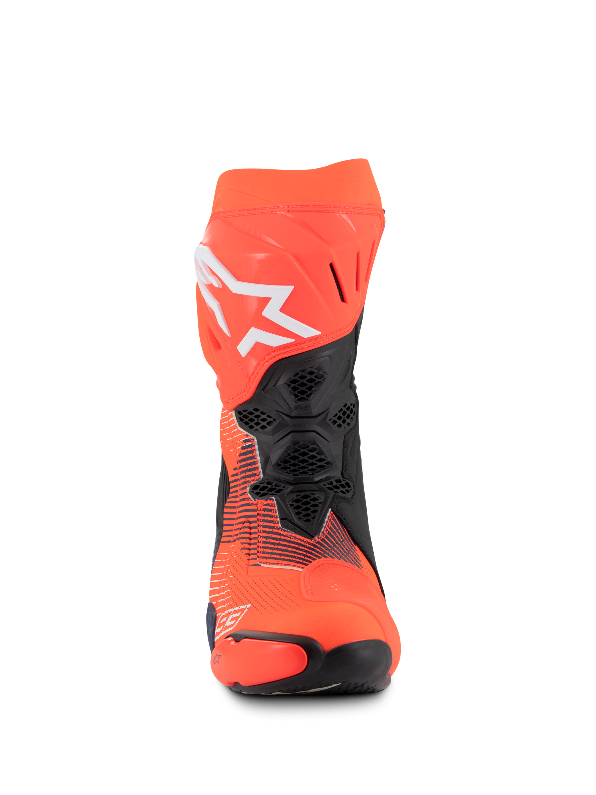 Alpinestars Supertech R Vented MM93 Replica Boots, Racing Motorcycle Boots, Red Fluo Dark Blue and Black, front view showing mesh ventilation, white Alpinestars logo, and durable microfiber construction
