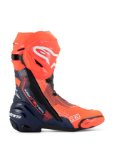 Alpinestars Supertech R Vented MM93 Replica Boots, Motorcycle Racing Boots, Red Fluo and Dark Blue with Black accents, featuring a perforated microfiber upper for ventilation, white Alpinestars logo on the shin, and number 93 branding on the toe.