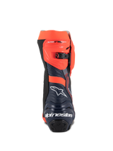 Alpinestars Supertech R Vented MM93 Replica Boots, Motorcycle Racing Boots, Red Fluo Dark Blue and Black, rear view featuring the white Alpinestars logo on the heel and red fluo adjustable ratchet closure, perforated microfiber design for high airflow