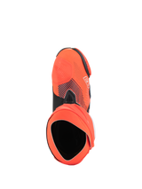 Alpinestars Supertech R Vented MM93 Replica Boots, high-performance motorcycle racing boots, Red Fluo and Dark Blue, top-down view showing the opening and inner bootie structure, perforated microfiber upper with Marc Márquez signature graphics