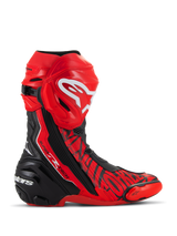 Alpinestars Supertech R LE Pecco Bagnaia Vented Boots, MotoGP Racing Boots, Red with Black and White accents, featuring perforated microfiber construction for airflow, red TPU shin plate with white logo, black reinforced heel, and replaceable toe sliders, professional track-focused design