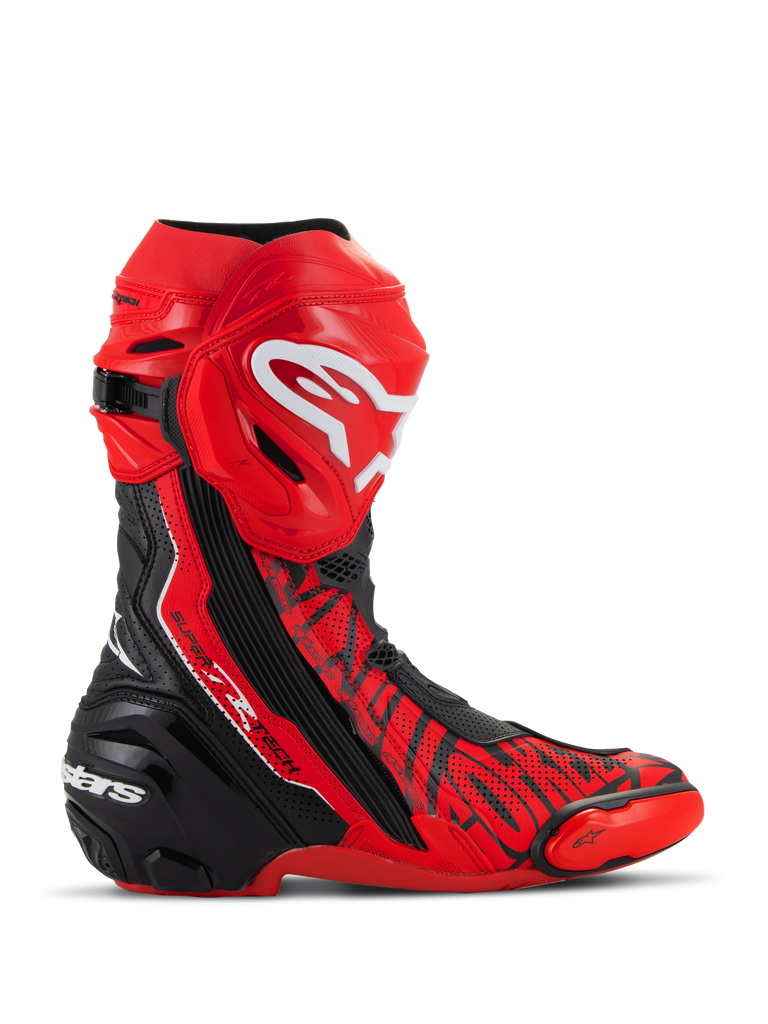Alpinestars Supertech R LE Pecco Bagnaia Vented Boots, MotoGP Racing Boots, Red with Black and White accents, featuring perforated microfiber construction for airflow, red TPU shin plate with white logo, black reinforced heel, and replaceable toe sliders, professional track-focused design