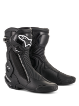 Alpinestars SMX Plus V2 Boots, Motorcycle Racing Boots, Black with White Logo on the shin, High Ankle Design, Reinforced Toe Sliders and Heel Protection, Side Zipper Closure, Ribbed Accordion Texture Panels for flexibility, Aerodynamic Construction