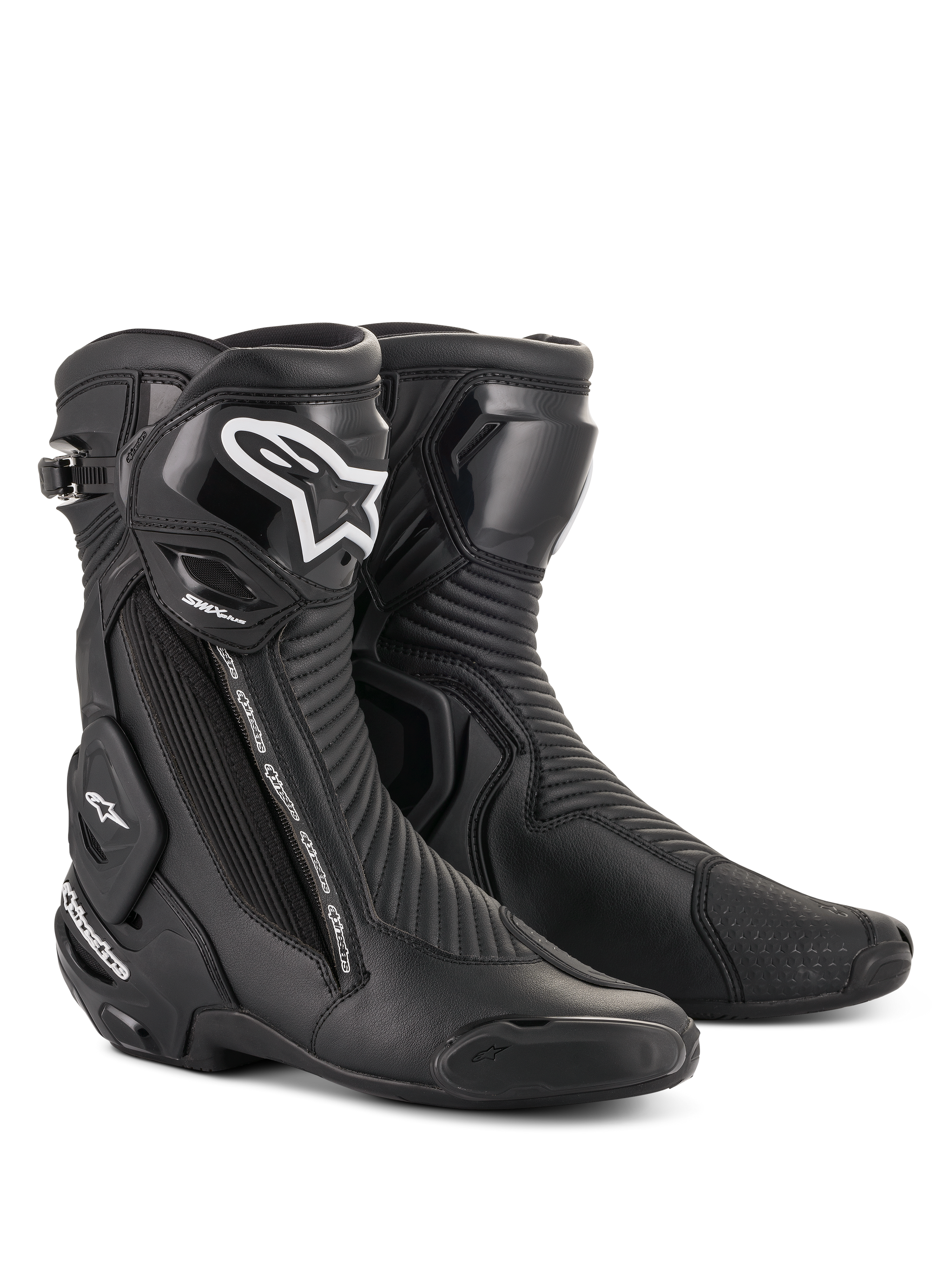 Alpinestars SMX Plus V2 Boots, Motorcycle Racing Boots, Black with White Logo on the shin, High Ankle Design, Reinforced Toe Sliders and Heel Protection, Side Zipper Closure, Ribbed Accordion Texture Panels for flexibility, Aerodynamic Construction