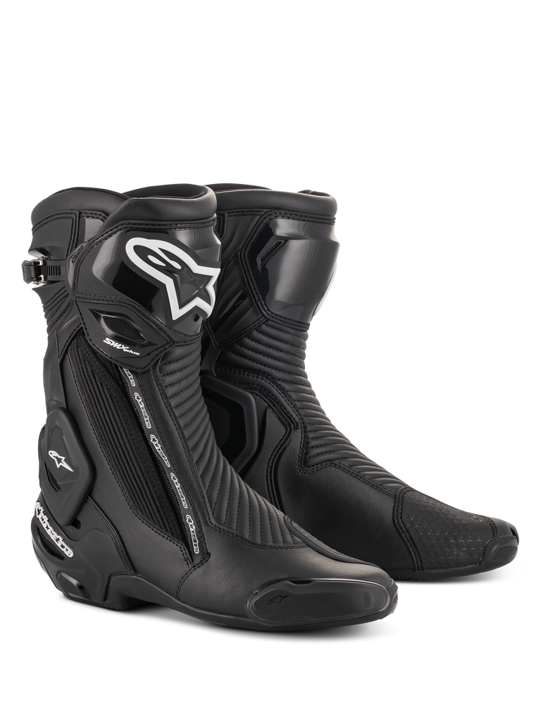 Alpinestars SMX Plus V2 Boots, Motorcycle Racing Boots, Black with White Logo on the shin, High Ankle Design, Reinforced Toe Sliders and Heel Protection, Side Zipper Closure, Ribbed Accordion Texture Panels for flexibility, Aerodynamic Construction