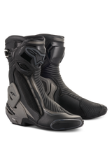 Alpinestars SMX Plus V2 Boots, Racing and Sport Motorcycle Boots, Black and Dark Gray, featuring advanced Multi-Link Control ankle protection, TPU shin plate, and replaceable sliders, streamlined microfiber construction for road riding