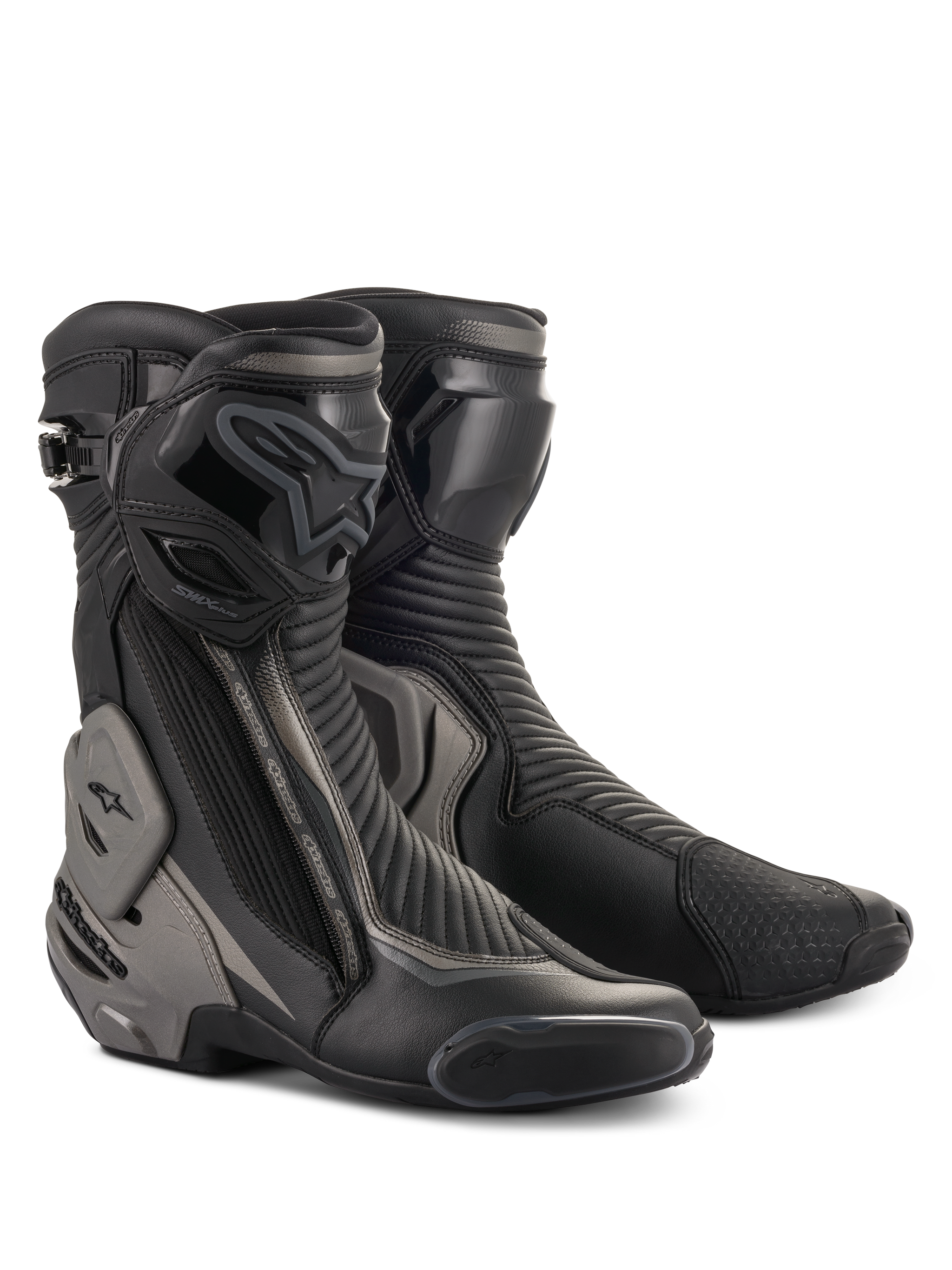 Alpinestars SMX Plus V2 Boots, Racing and Sport Motorcycle Boots, Black and Dark Gray, featuring advanced Multi-Link Control ankle protection, TPU shin plate, and replaceable sliders, streamlined microfiber construction for road riding