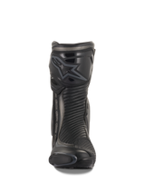 Alpinestars SMX Plus V2 Boots, Racing and Sport Motorcycle Boots, Black and Dark Gray, front view featuring a contoured TPU shin protector with Alpinestars logo, accordion flex panels for movement, and a sleek aerodynamic profile for performance riding.