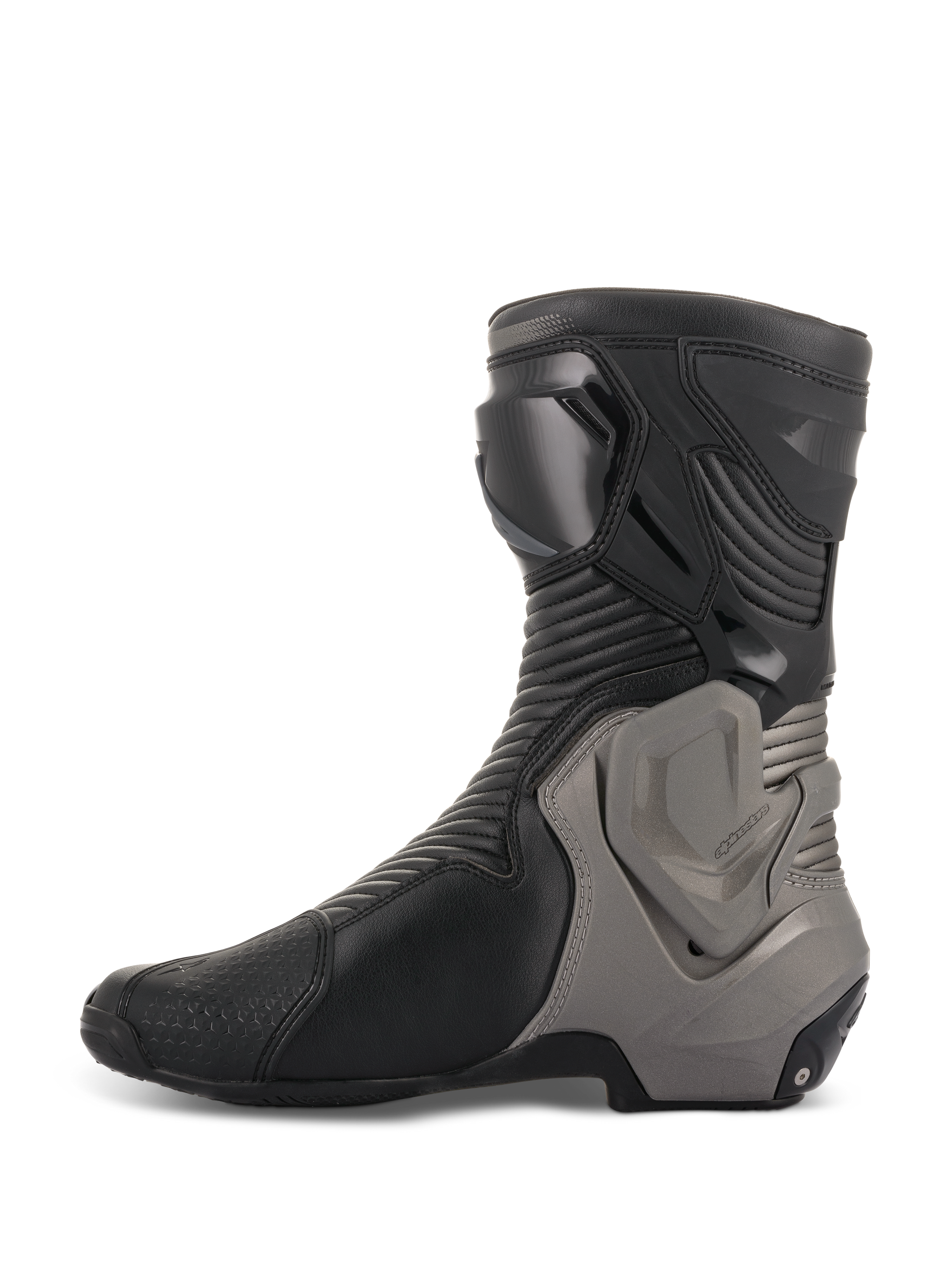 Alpinestars SMX Plus V2 Boots, Motorcycle Racing Boots, Black and Dark Gray, side profile showing microfiber upper with accordion flex panels and gray Multi-Link Control ankle protection system