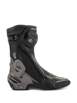 Alpinestars SMX Plus V2 Boots, Motorcycle Racing Boots, Black and Dark Gray, side profile showing advanced TPU shin plate and heel counter, Multi-Link Control system, flexible accordion zones, lateral zipper closure, and aerodynamic microfiber construction for performance riding
