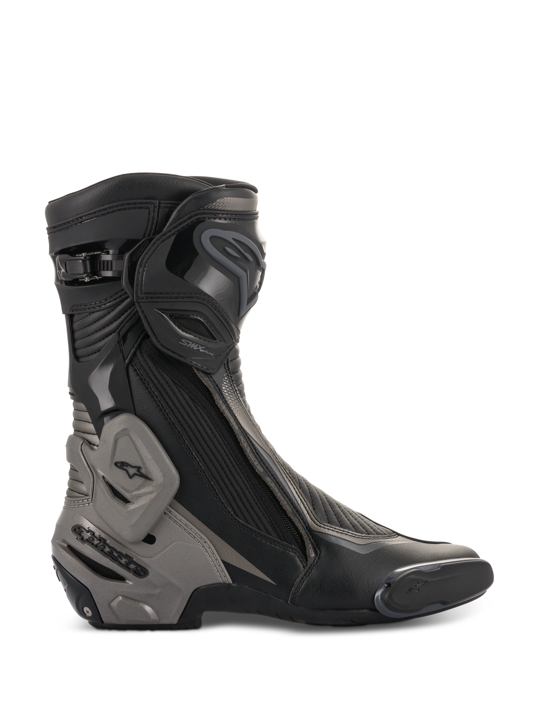 Alpinestars SMX Plus V2 Boots, Motorcycle Racing Boots, Black and Dark Gray, side profile showing advanced TPU shin plate and heel counter, Multi-Link Control system, flexible accordion zones, lateral zipper closure, and aerodynamic microfiber construction for performance riding