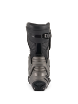 Alpinestars SMX Plus V2 Boots, Black and Dark Gray, rear view showcasing the Multi-Link Control system, Achilles accordion panels, and micro-adjustable ratchet top closure for advanced motorcycle protection.