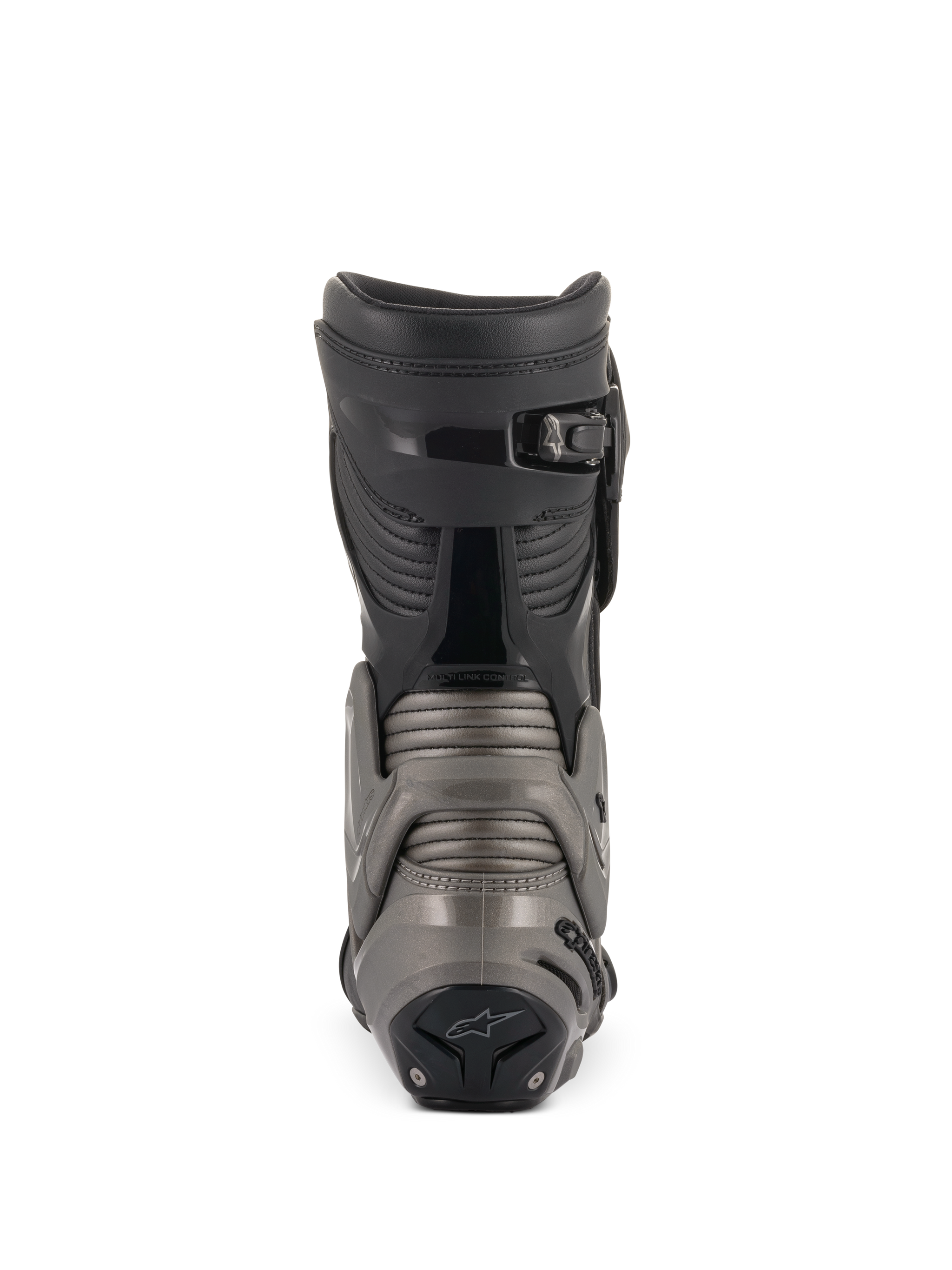 Alpinestars SMX Plus V2 Boots, Black and Dark Gray, rear view showcasing the Multi-Link Control system, Achilles accordion panels, and micro-adjustable ratchet top closure for advanced motorcycle protection.