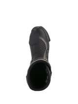 Alpinestars SMX Plus V2 Boots, Black and Dark Gray, top-down view of a single motorcycle racing boot, featuring textured shifter pad, accordion flex zones, and open top design, sleek performance footwear for road riding
