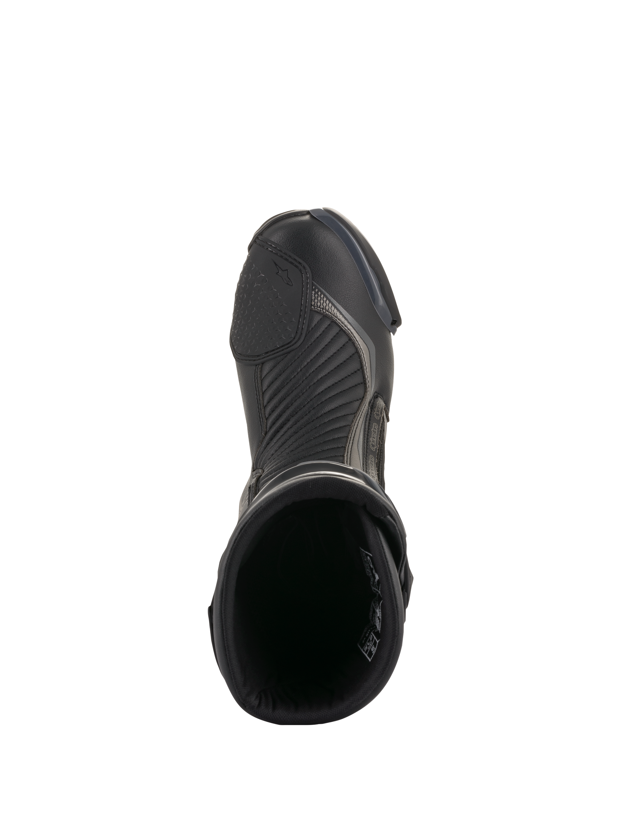 Alpinestars SMX Plus V2 Boots, Black and Dark Gray, top-down view of a single motorcycle racing boot, featuring textured shifter pad, accordion flex zones, and open top design, sleek performance footwear for road riding