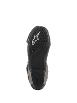 Alpinestars SMX Plus V2 Boots, Racing/Sport Motorcycle Boots, Black and Dark Gray, underside view of the textured rubber sole with white Astar logo and specialized grip zones for footpeg traction.