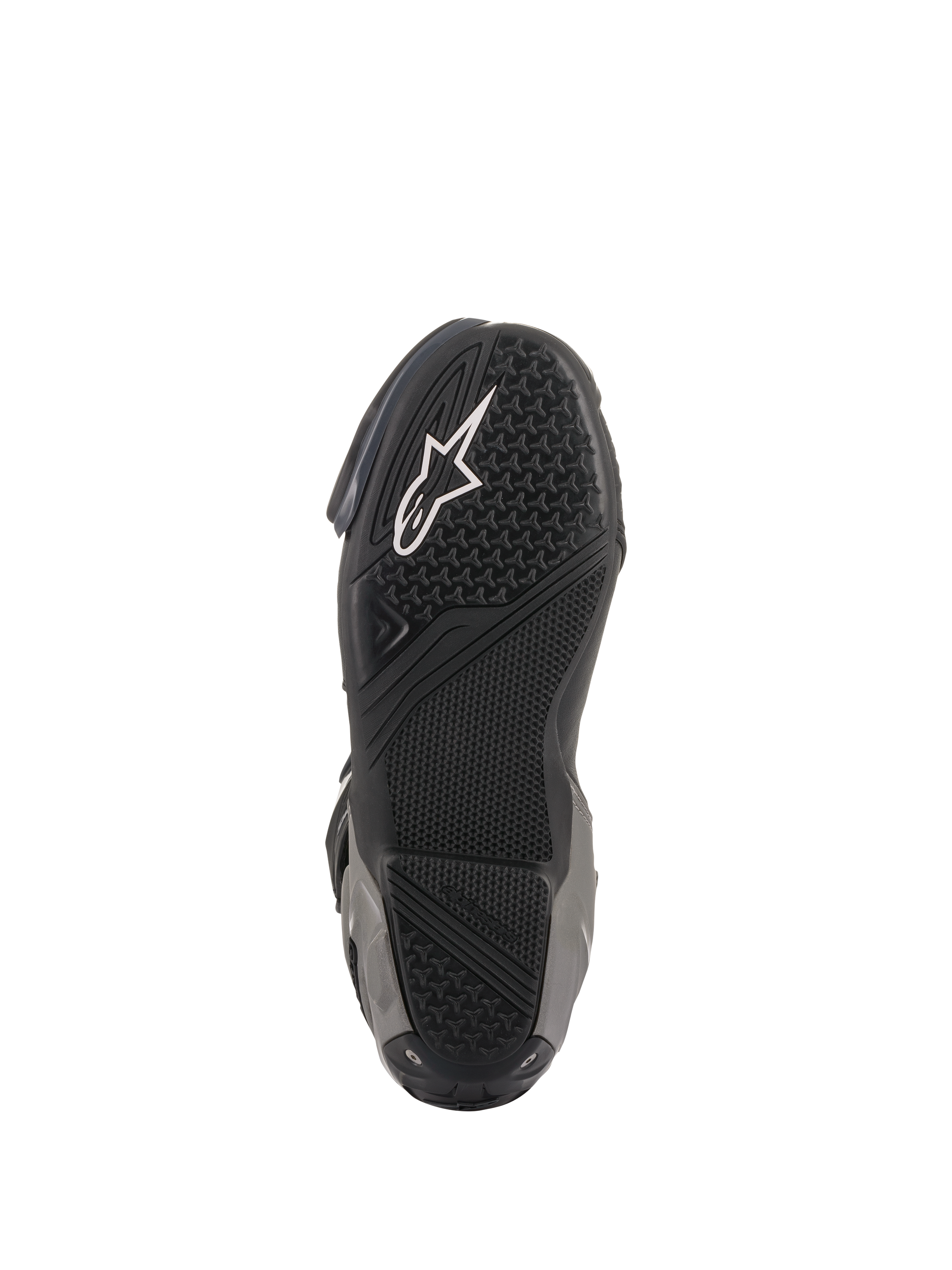 Alpinestars SMX Plus V2 Boots, Racing/Sport Motorcycle Boots, Black and Dark Gray, underside view of the textured rubber sole with white Astar logo and specialized grip zones for footpeg traction.