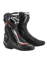 Alpinestars SMX Plus V2 Boots, Racing Motorcycle Boots, Black with White and Red Fluorescent accents, featuring microfiber upper, TPU shin plate, Multi-Link Control system, and replaceable sliders, technical design for high-performance protection