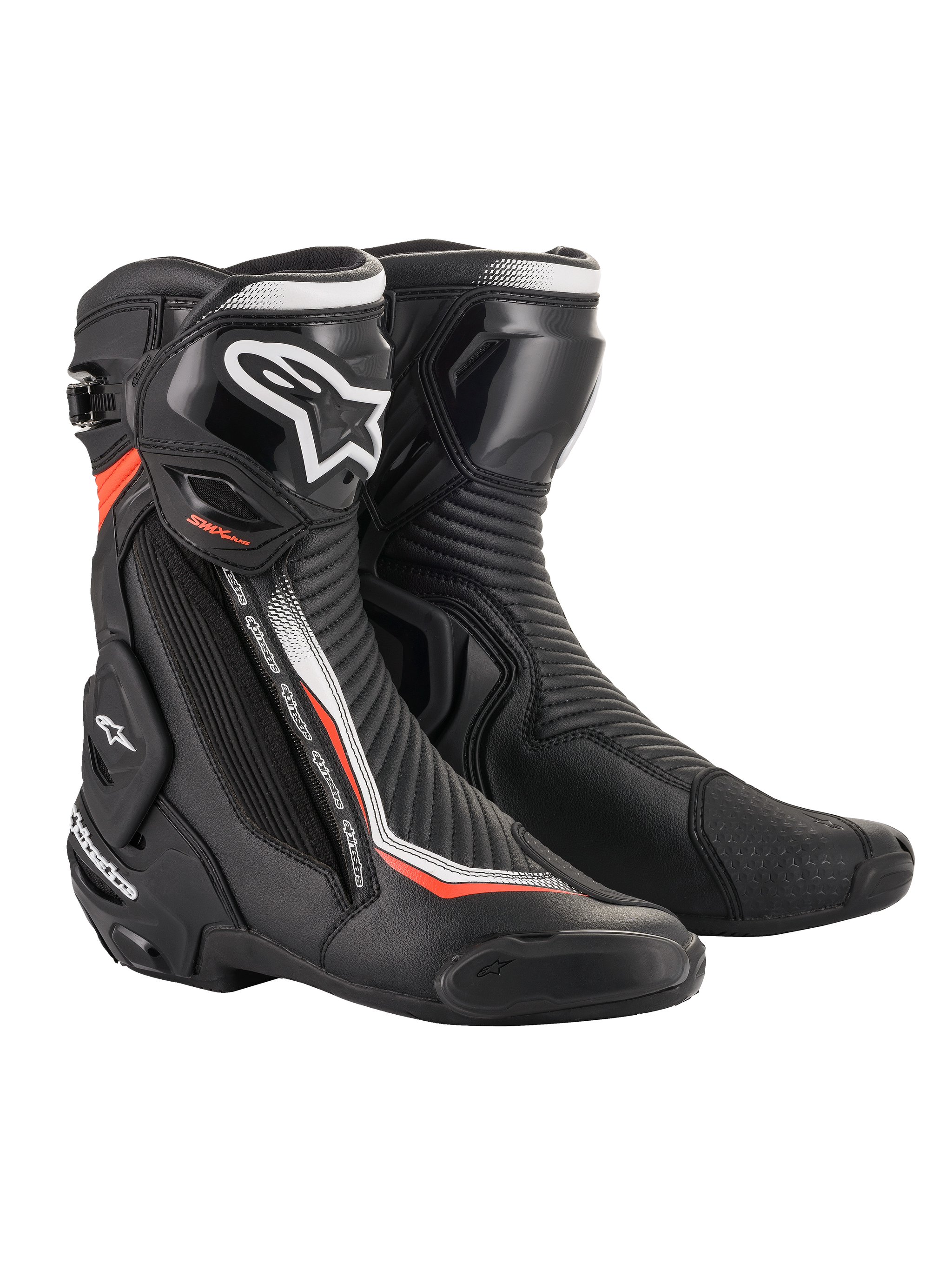 Alpinestars SMX Plus V2 Boots, Racing Motorcycle Boots, Black with White and Red Fluorescent accents, featuring microfiber upper, TPU shin plate, Multi-Link Control system, and replaceable sliders, technical design for high-performance protection