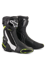 Alpinestars SMX Plus V2 Boots, Black with Neon Yellow-Green Accents and White Details, Motorcycle Racing Boots, CE Certified, Premium Leather Construction with Reinforced Toe and Heel, Dual Closure System with Buckles and Zipper, Glossy and Matte Finish
