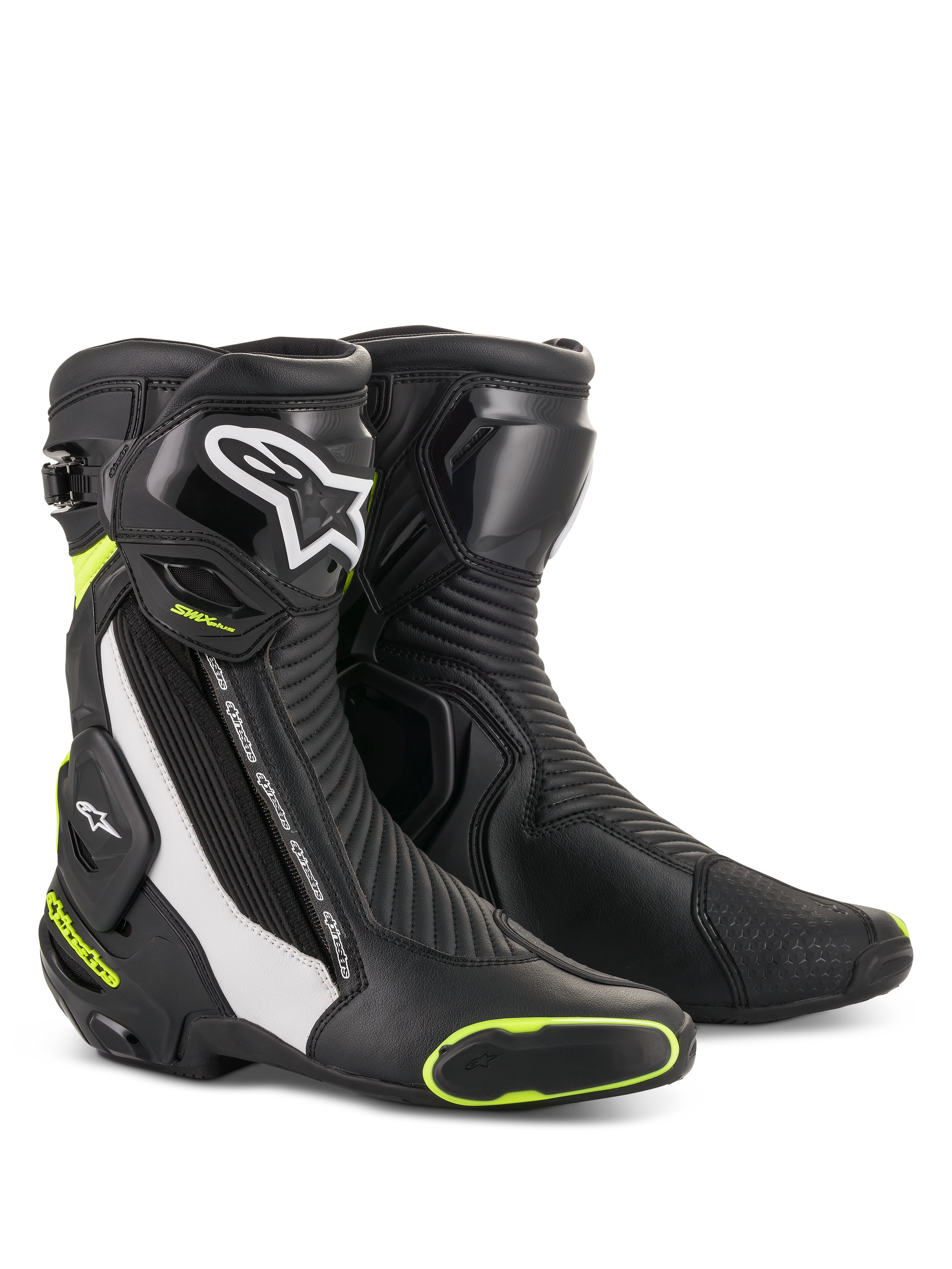 Alpinestars SMX Plus V2 Boots, Black with Neon Yellow-Green Accents and White Details, Motorcycle Racing Boots, CE Certified, Premium Leather Construction with Reinforced Toe and Heel, Dual Closure System with Buckles and Zipper, Glossy and Matte Finish