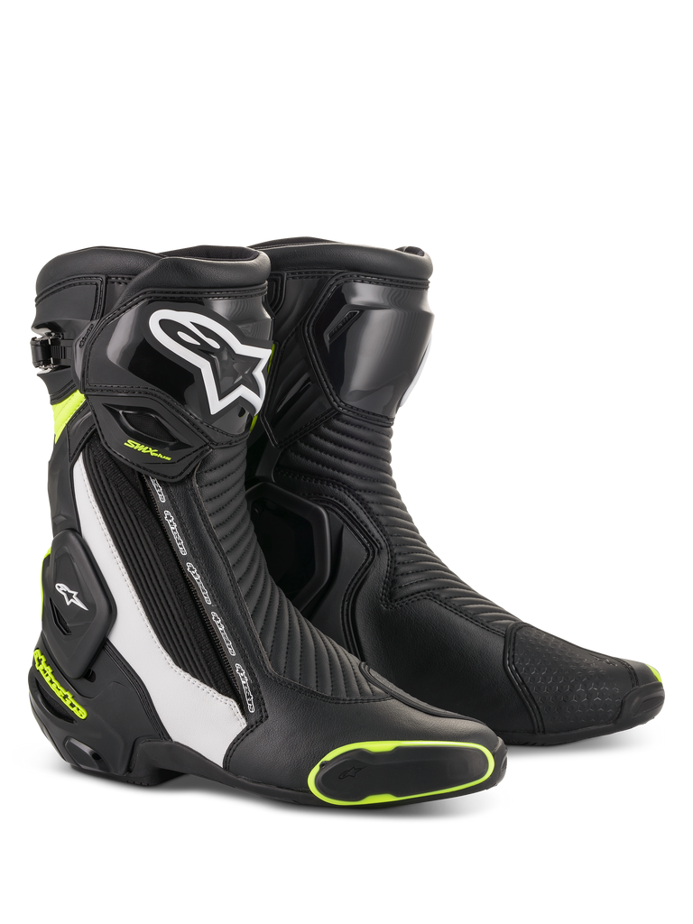 Alpinestars SMX Plus V2 Boots, Black with Neon Yellow-Green Accents and White Details, Motorcycle Racing Boots, CE Certified, Premium Leather Construction with Reinforced Toe and Heel, Dual Closure System with Buckles and Zipper, Glossy and Matte Finish