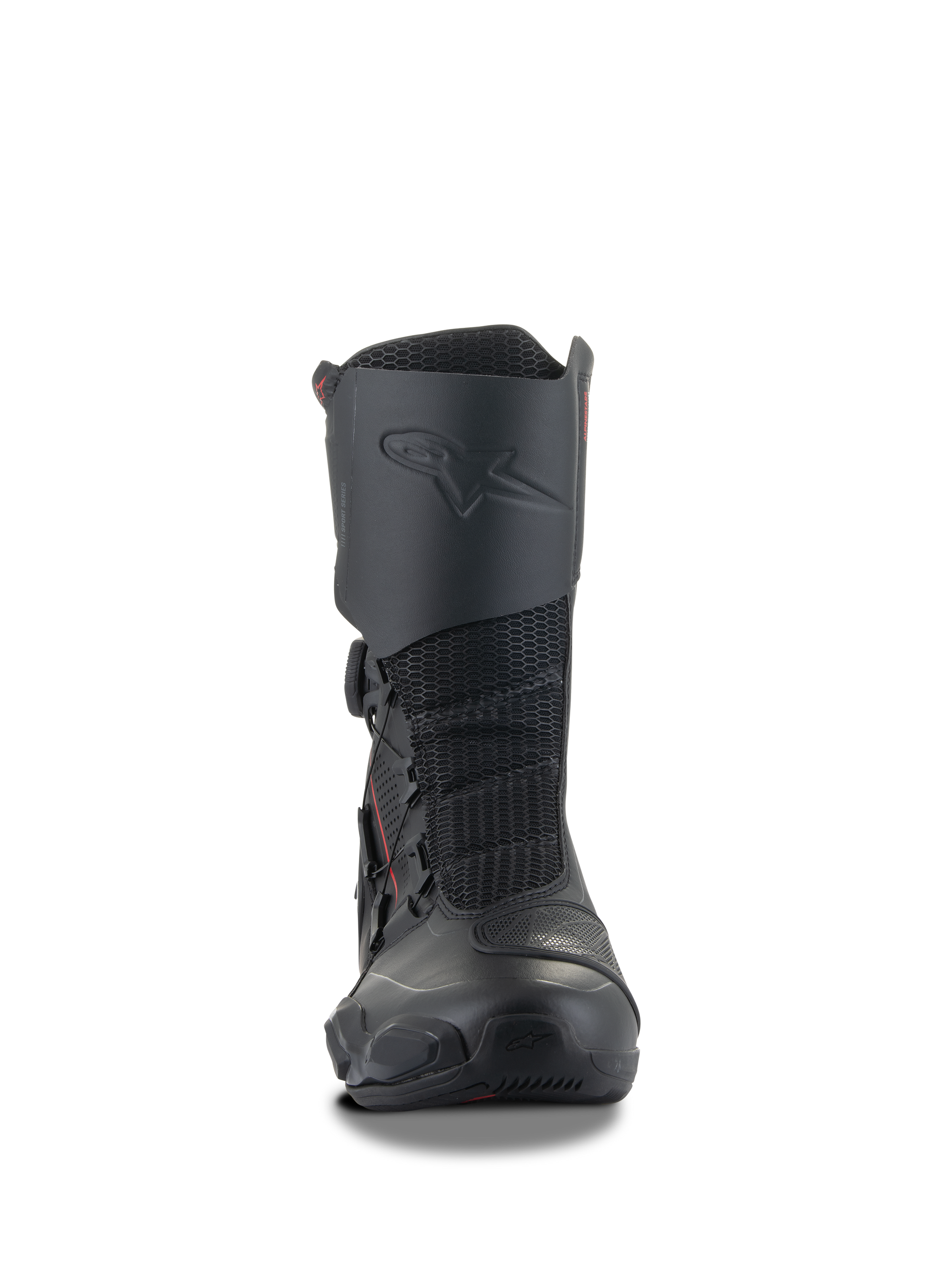 Alpinestars SP-X BOA® Boots, Black Motorcycle Sport Boots, mid-height design with integrated shin protector, mesh flex panels, and side BOA closure system, sleek ergonomic profile for sport touring