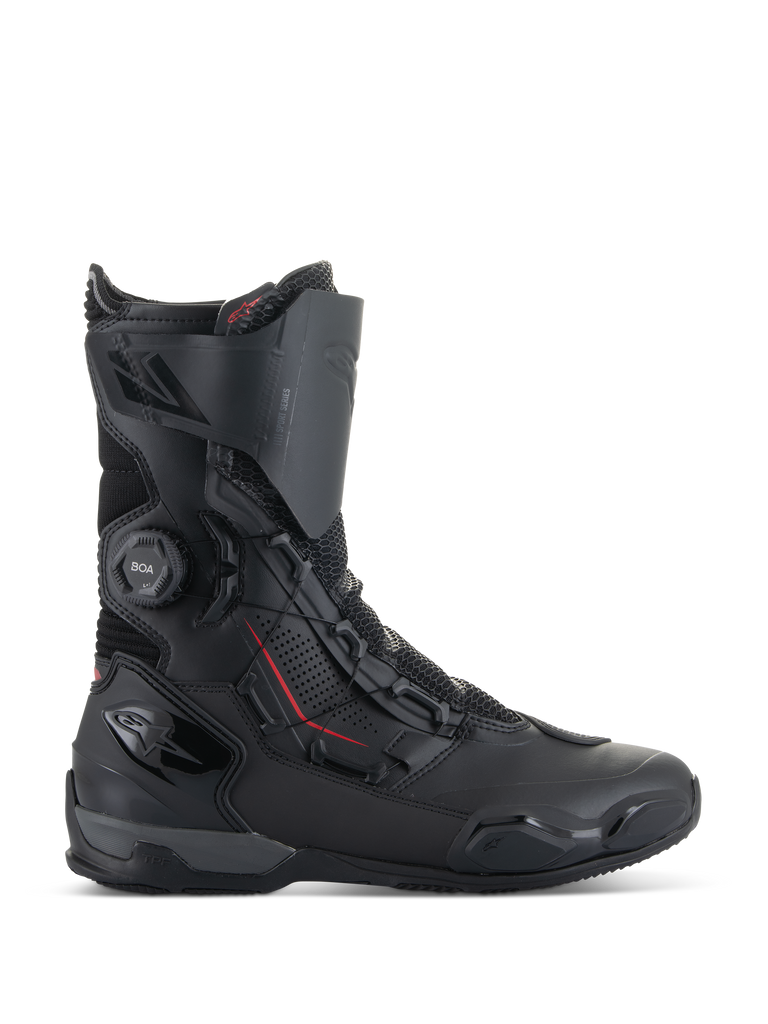 Alpinestars SP-X BOA® Boots, Motorcycle Sport Boots, Black with red accents, BOA® Fit System dial, mid-height construction with microfiber and mesh panels, TPU heel and toe protection, sleek road riding design