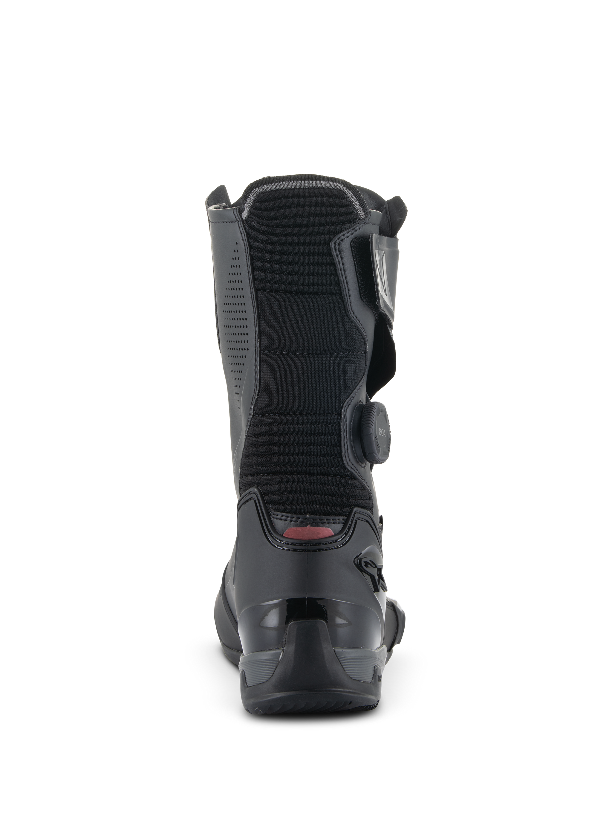 Alpinestars SP-X BOA Boots, Mid-Height Motorcycle Sport Boots, Black, Rear view highlighting the ribbed accordion flex panel, reinforced TPU heel counter, and side BOA Fit System dial
