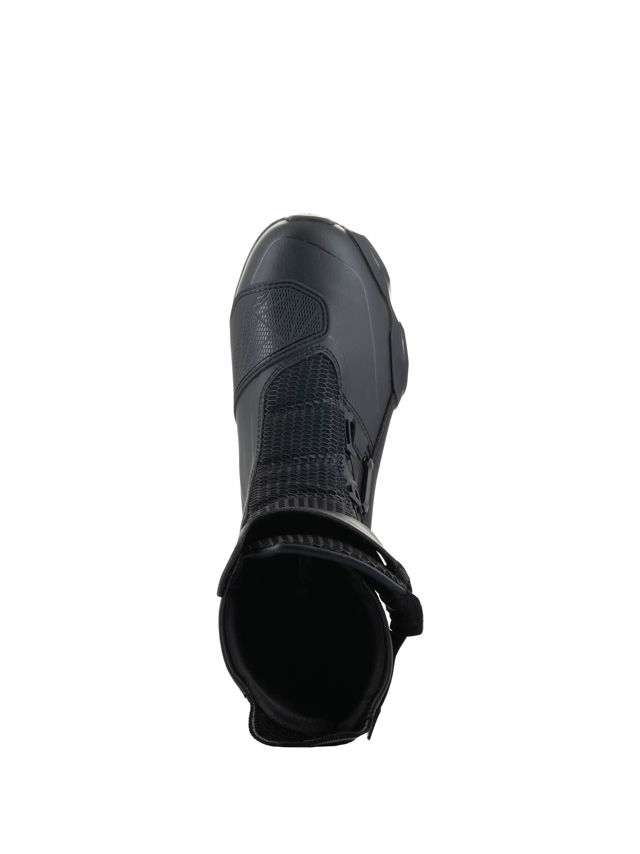 Alpinestars SP-X BOA® Boots, Black, top-down view looking into the ankle opening, featuring Rideknit® mesh and the side-mounted BOA® Fit System, sleek mid-height sport motorcycle boot